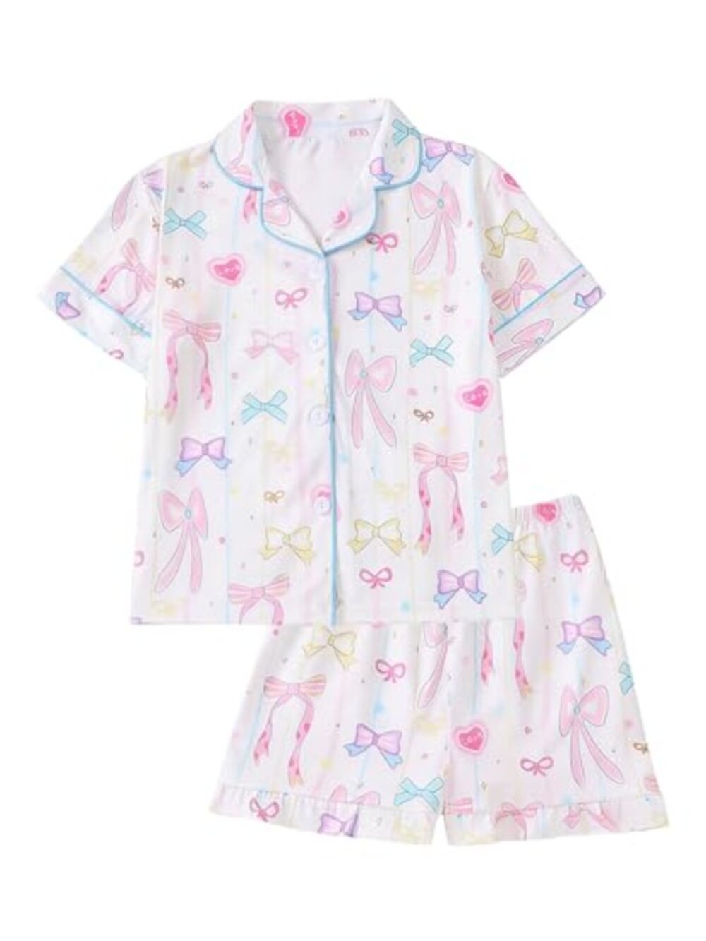 Girls 2Pc Pajama Set Short Sleeve Bow Heart Print Button Top Shorts Sleepwear